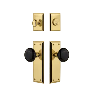 New York Entry Set with Black Porcelain Knob in Polished Brass