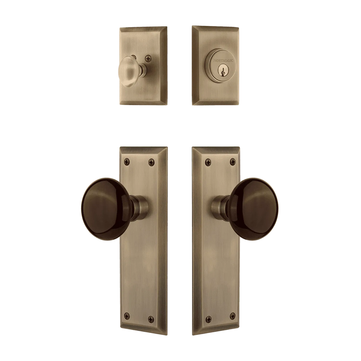 New York Entry Set with Brown Porcelain Knob in Antique Brass