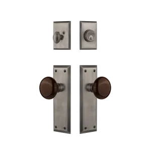 New York Entry Set with Brown Porcelain Knob in Antique Pewter