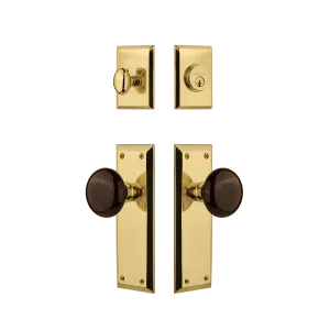 New York Entry Set with Brown Porcelain Knob in Unlacquered Brass