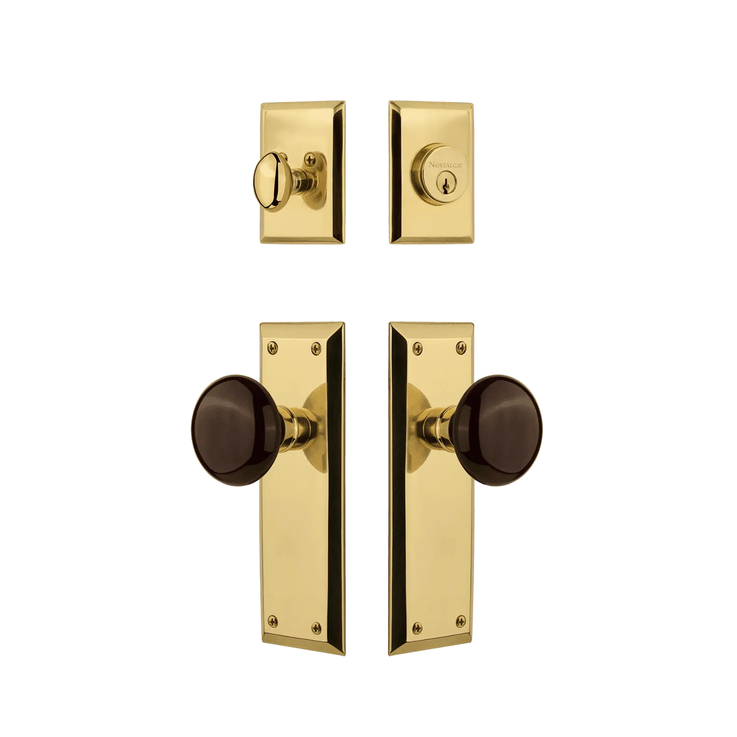 New York Entry Set with Brown Porcelain Knob in Unlacquered Brass