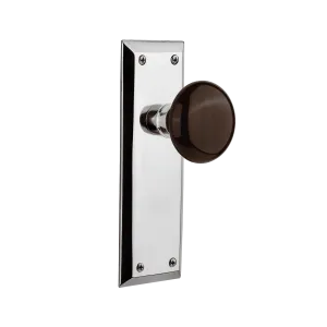 New York Long Plate with Brown Porcelain Knob in Bright Chrome