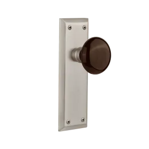 New York Long Plate with Brown Porcelain Knob in Satin Nickel