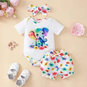 Newborn Baby Girl Clothing Set Short Sleeved Elephant Bodysuit Flower Shorts Summer Casual Outfits for 0-24 Months Toddler 3pcs