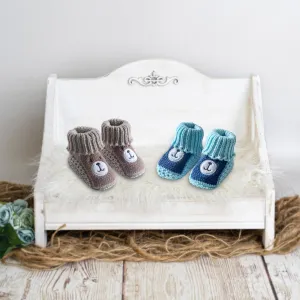 Newborn Crochet Woollen Booties Teddy - Blue, Beige