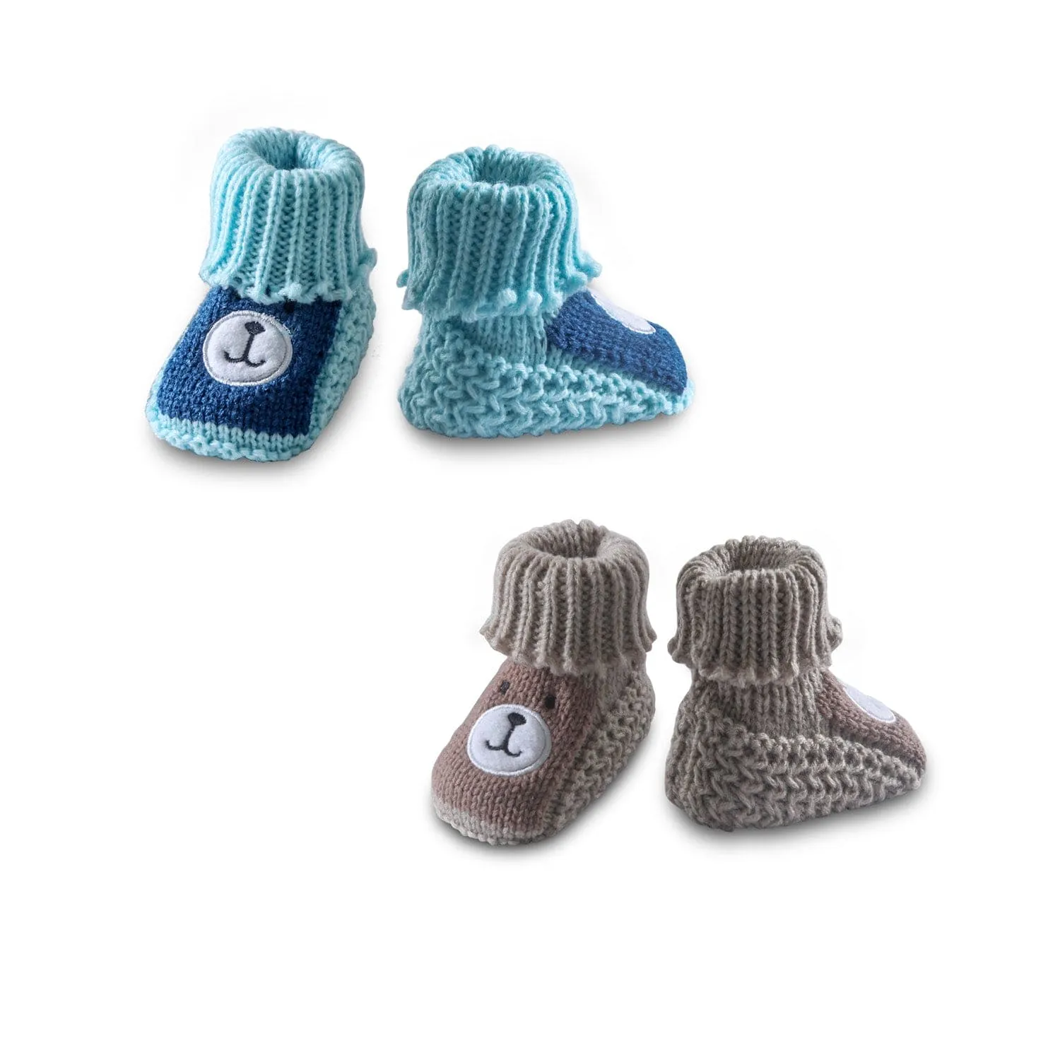 Newborn Crochet Woollen Booties Teddy - Blue, Beige