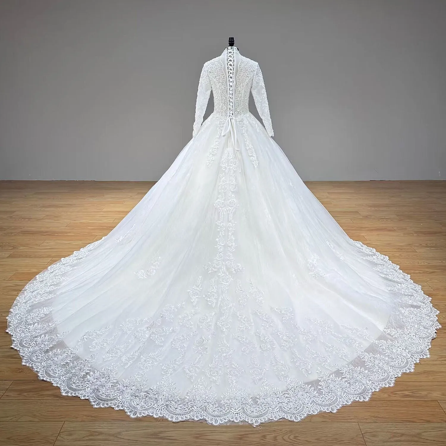 Newest Long Sleeve V-Neck Luxury Wedding Dress with Pearls and Lace-Up Back