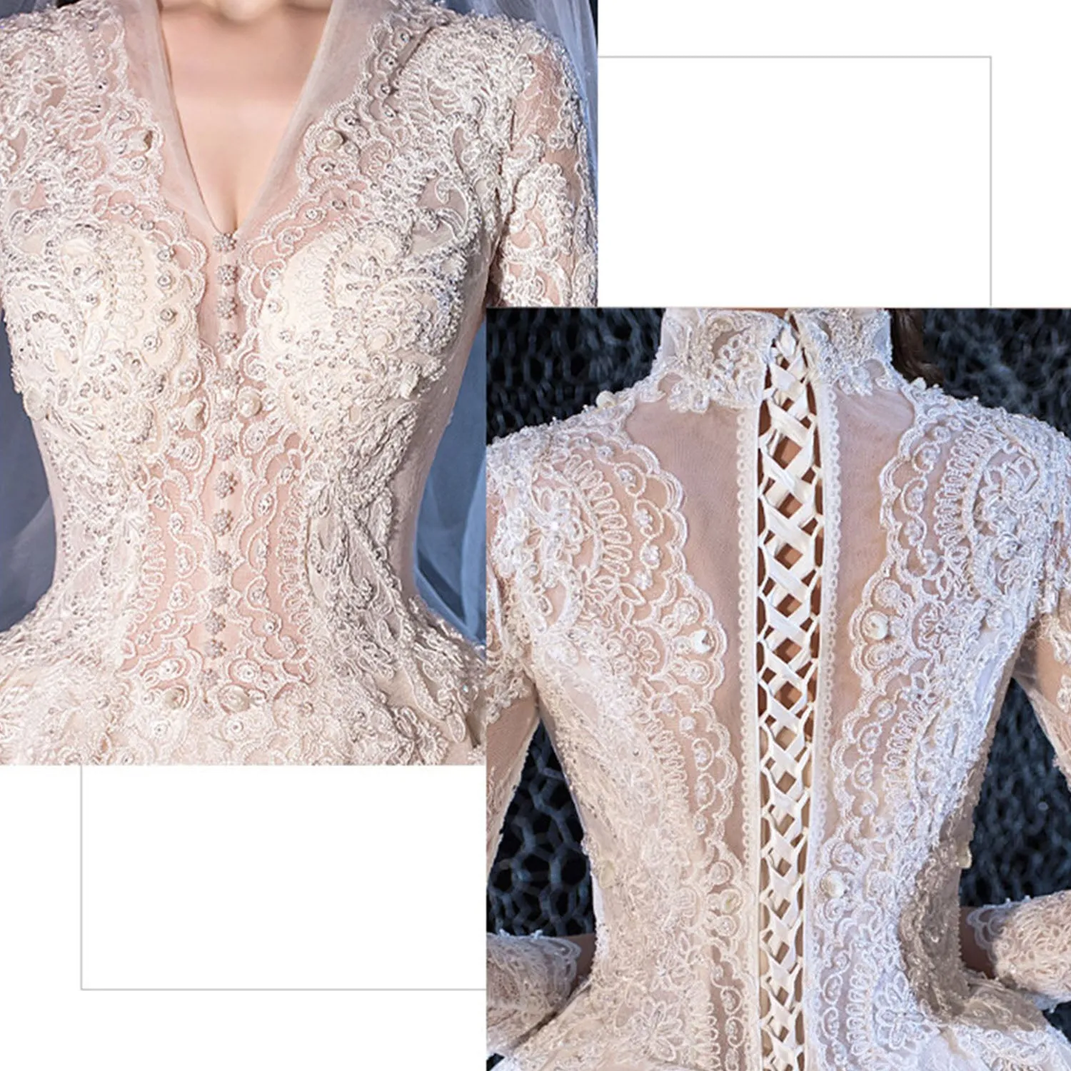 Newest Long Sleeve V-Neck Luxury Wedding Dress with Pearls and Lace-Up Back