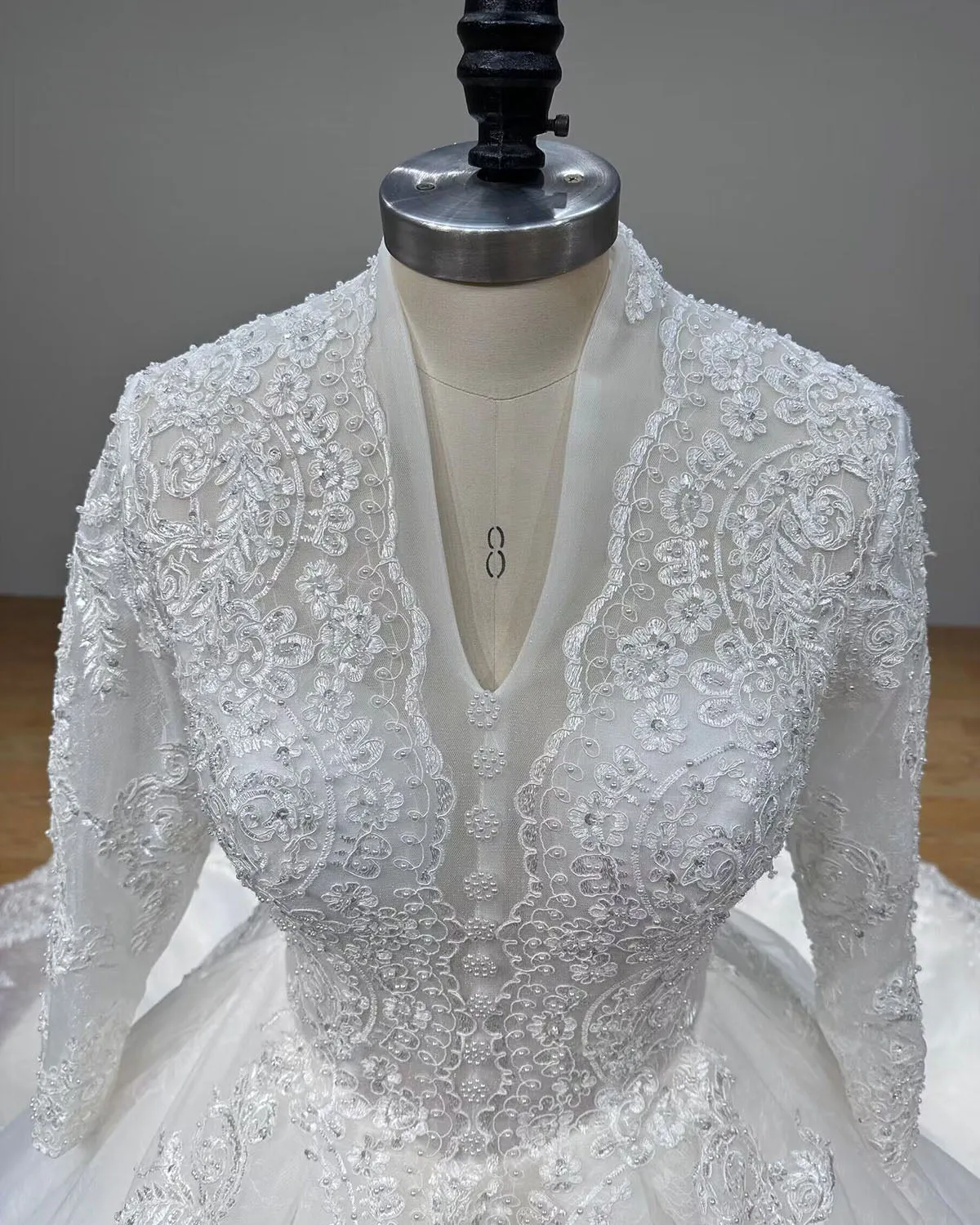 Newest Long Sleeve V-Neck Luxury Wedding Dress with Pearls and Lace-Up Back