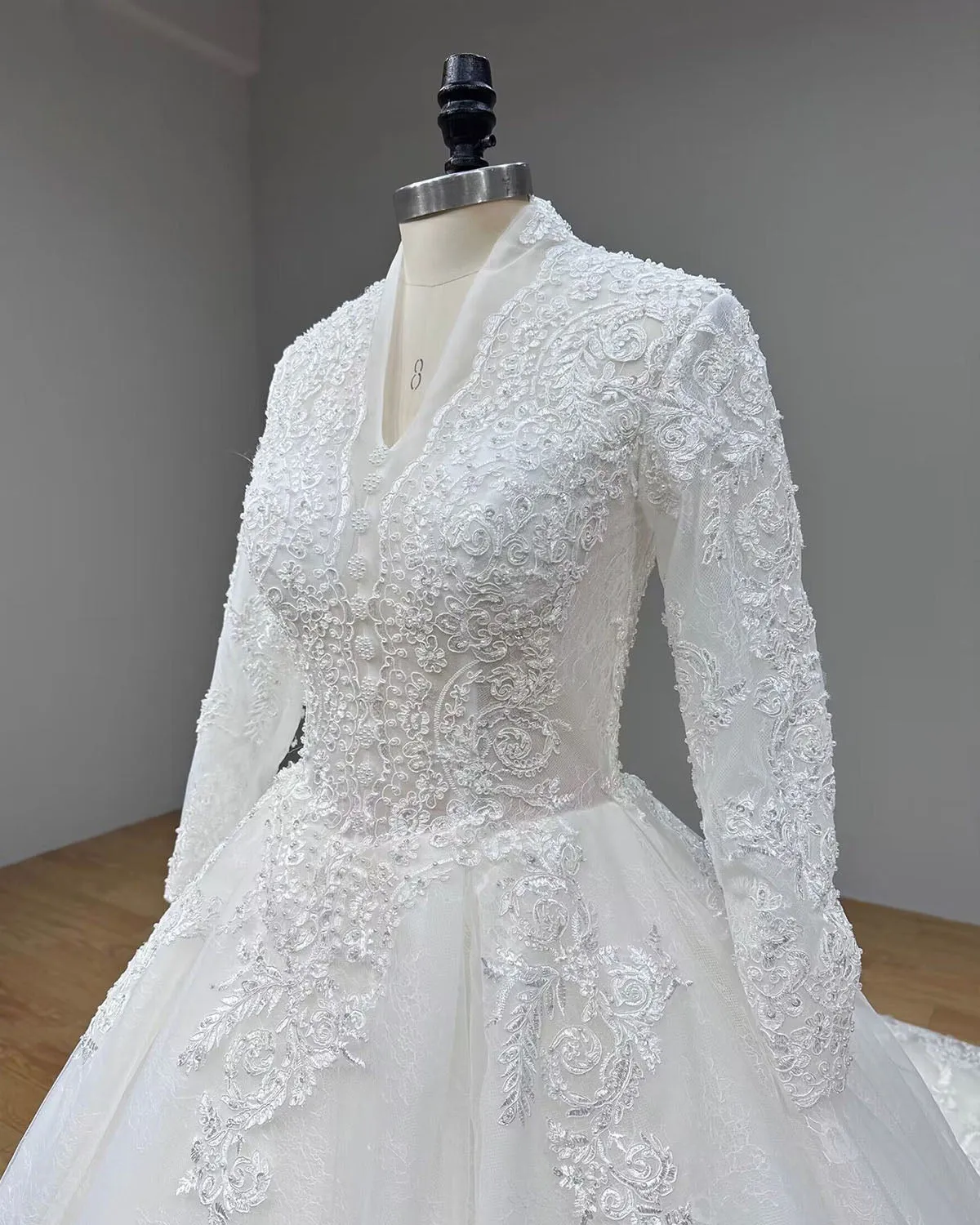 Newest Long Sleeve V-Neck Luxury Wedding Dress with Pearls and Lace-Up Back