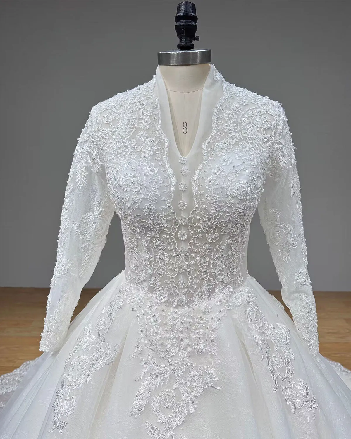 Newest Long Sleeve V-Neck Luxury Wedding Dress with Pearls and Lace-Up Back