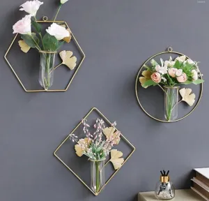 Next In Crafts Gold Wall Vase Hanging Geometric Metal Vase Hydroponic Planter Wall Mounted Glass Tube Bud Vase Decorative for Centerpieces Wedding Decoration Set of 3