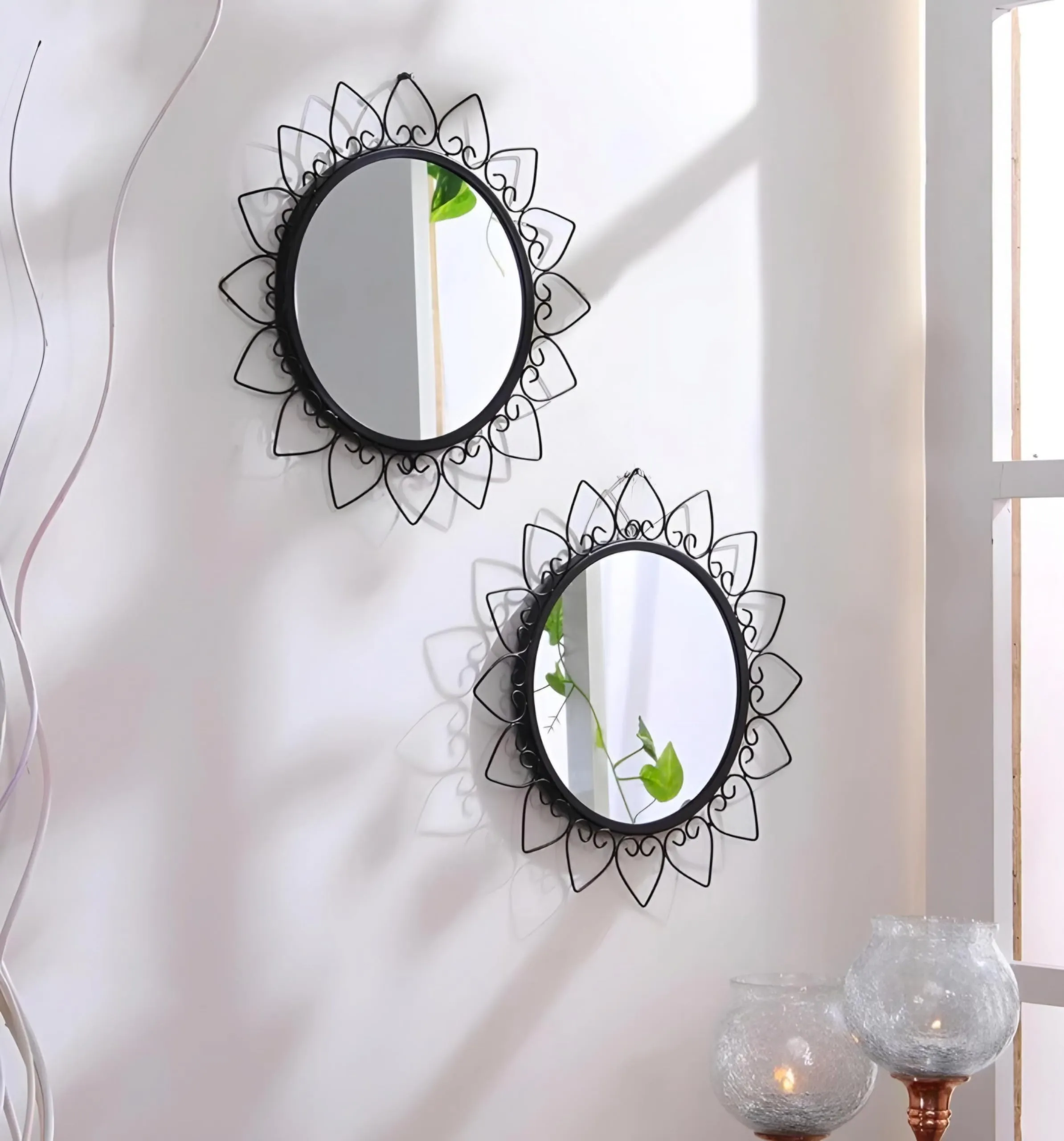 Next in Crafts Modern Desing Round Wall Mirror Metal Studded Frame Wall Hanging/Iron Wall Mounted Perfect for Living Room, Bathroom, Bedroom, Wall Decor Pack of 2