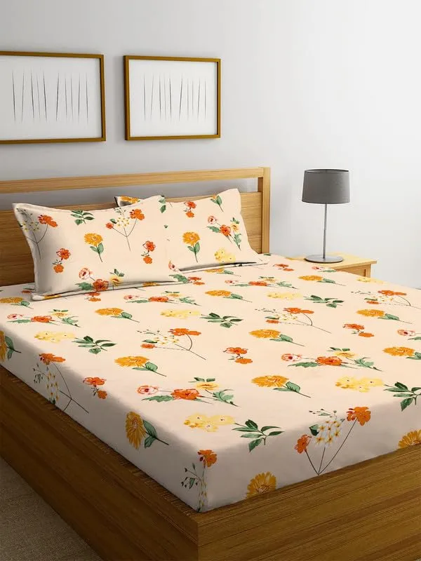 NHD HOME Premium Cotton Flat Double Bedsheets with 2 King Size Pillow Covers | Double Bed Breathable | Wrinklefree | Ultrasoft 220 TC Supersoft | 90x90 Inches| Beige Orange