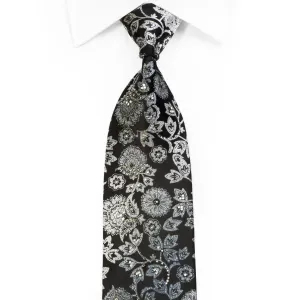 Nicole St Giles Black Rhinestone Silk Tie Silver Floral Acanthus On Black With Sparkles