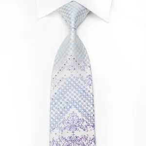 Nicole St Giles Men's Crystal Silk Necktie Purple Blue Damask On White With Silver Sparkles