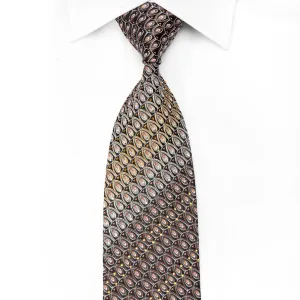 Nicole St Giles Mens Crystal Silk Necktie Silver Brown Orange Geometric On Black With Silver Sparkles