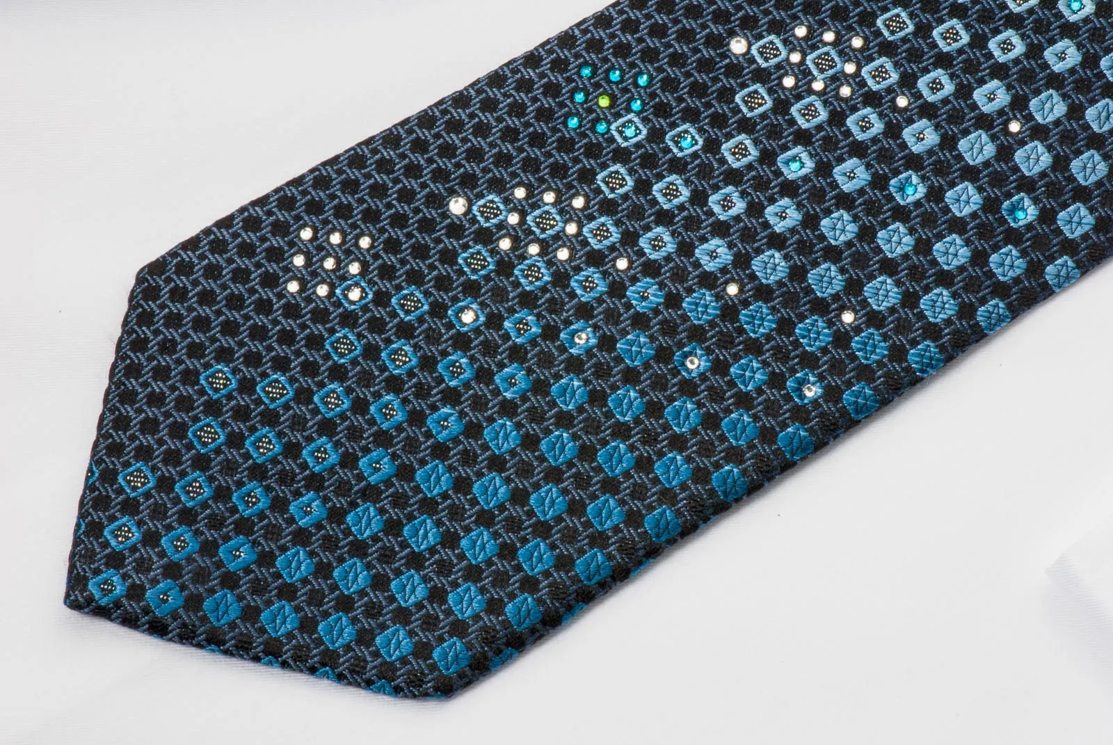 Nicole St Giles Silk Rhinestone Necktie Geometric Trellis On Blue With Silver Sparkles