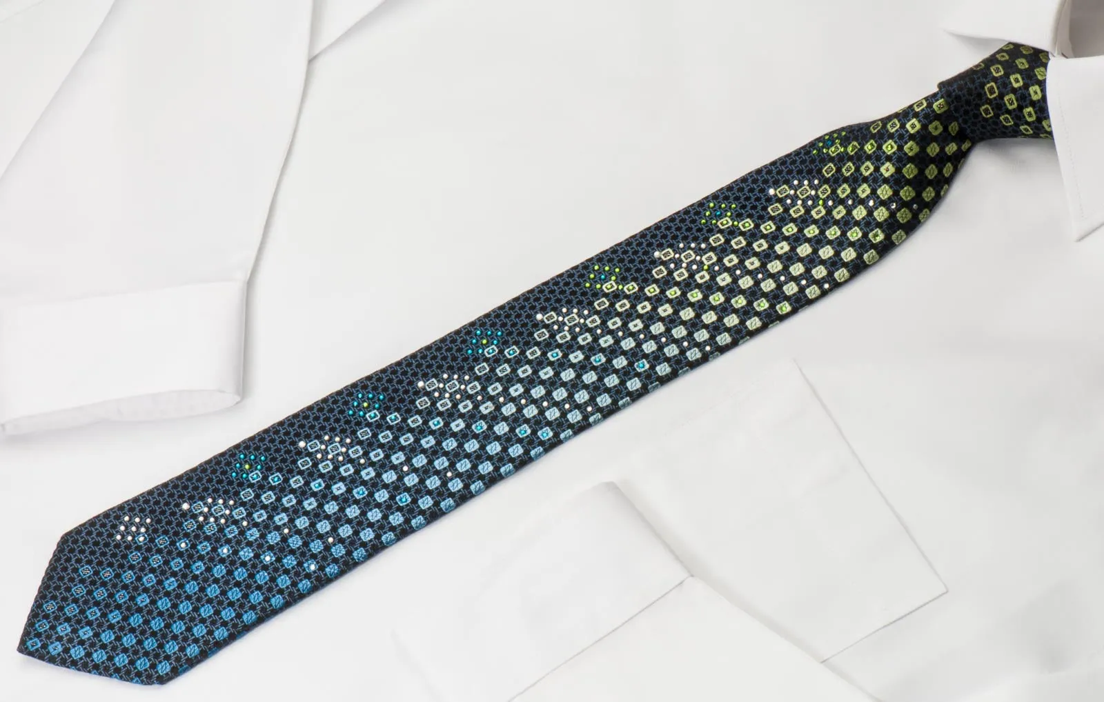 Nicole St Giles Silk Rhinestone Necktie Geometric Trellis On Blue With Silver Sparkles