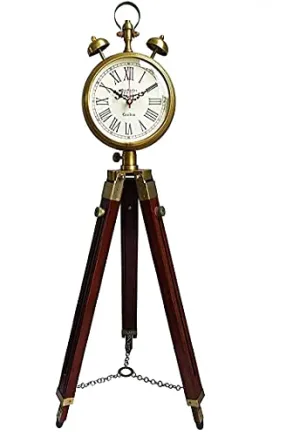 NIDA ART Wooden and Metal Tripod Clock with Stand Brass and Brown Two Bell Antique Look Floor Clock Home Decor