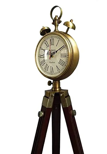 NIDA ART Wooden and Metal Tripod Clock with Stand Brass and Brown Two Bell Antique Look Floor Clock Home Decor