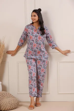 Nidra Bloomingdale Purple Cotton Pyjama Night Suit Set