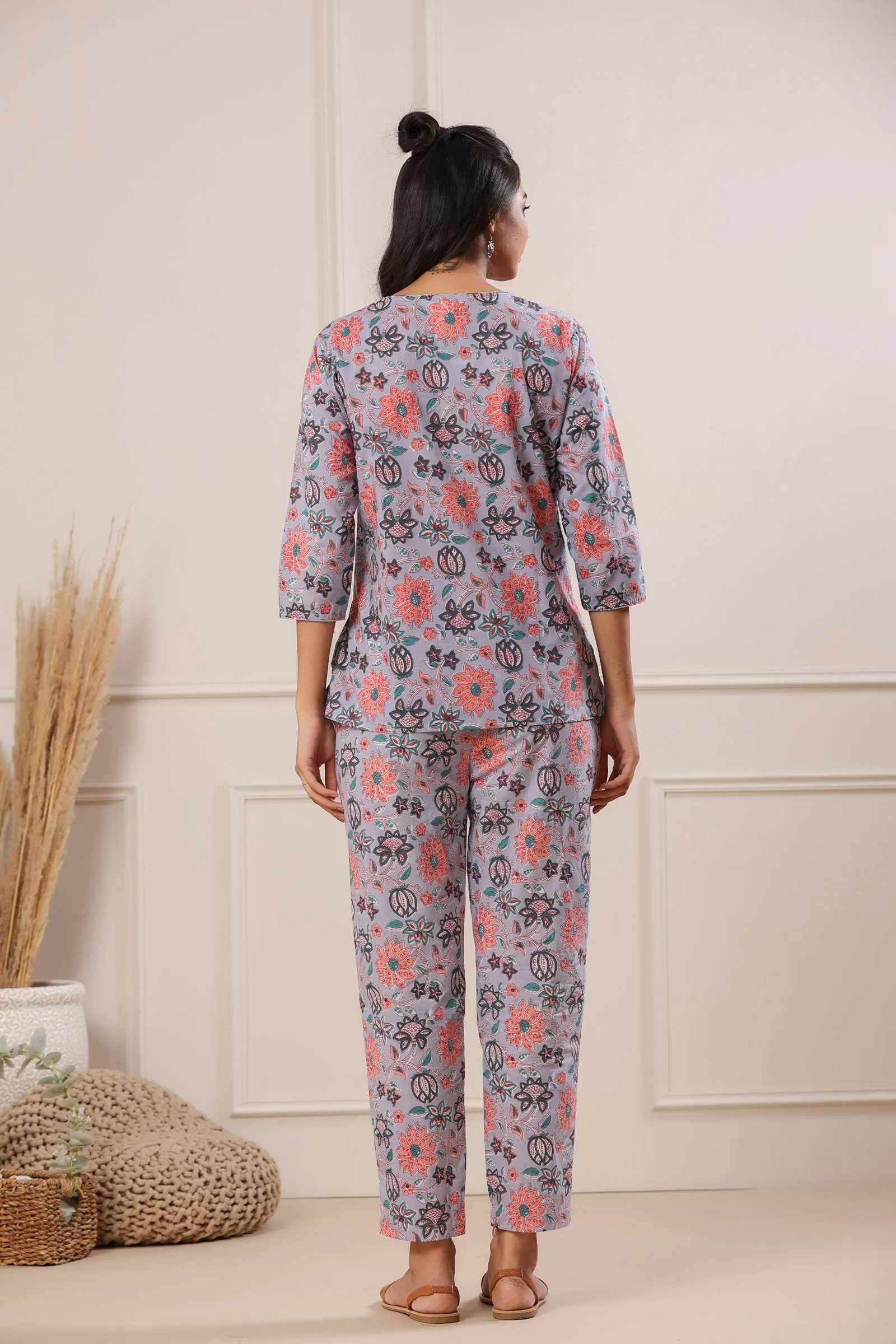 Nidra Bloomingdale Purple Cotton Pyjama Night Suit Set