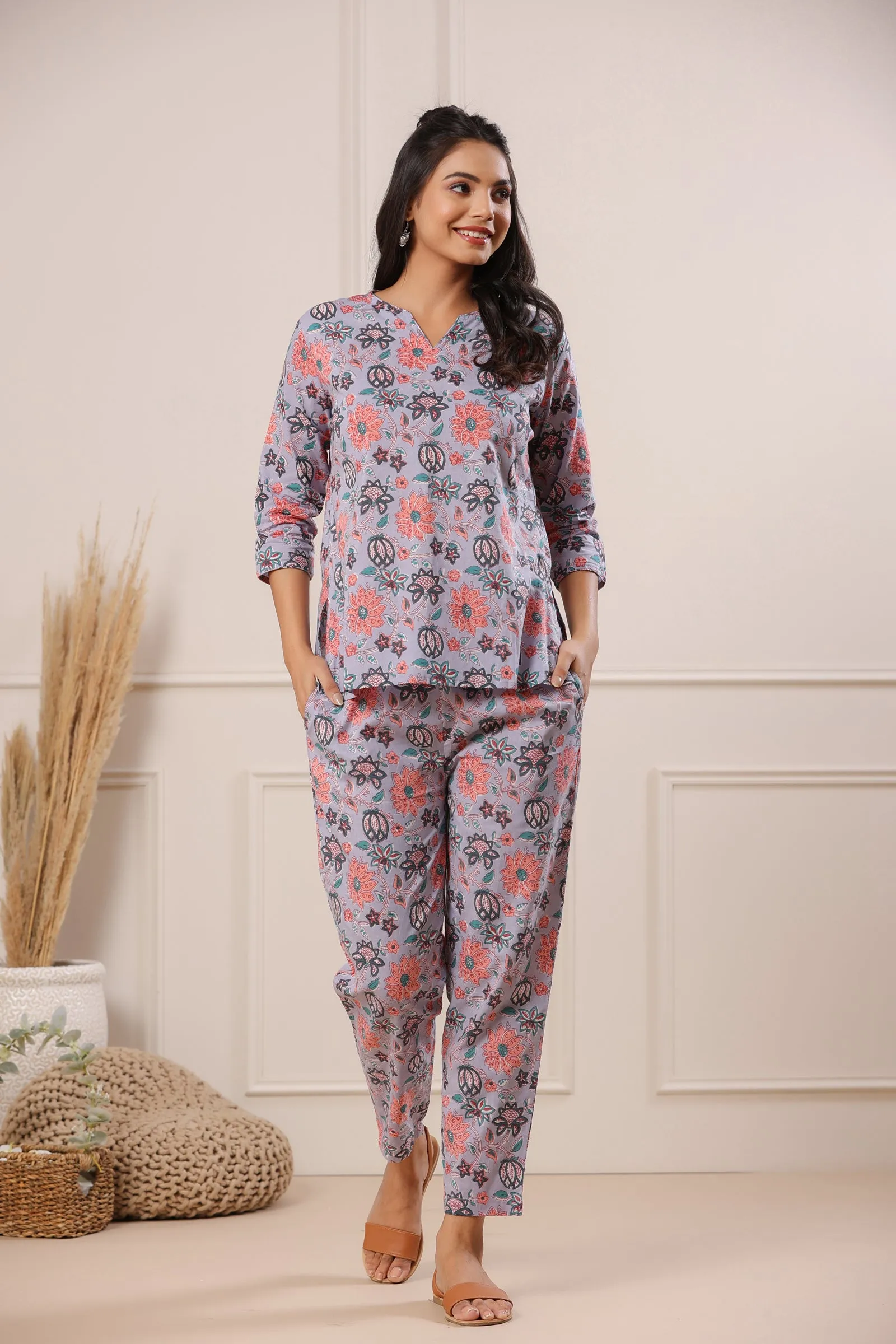 Nidra Bloomingdale Purple Cotton Pyjama Night Suit Set