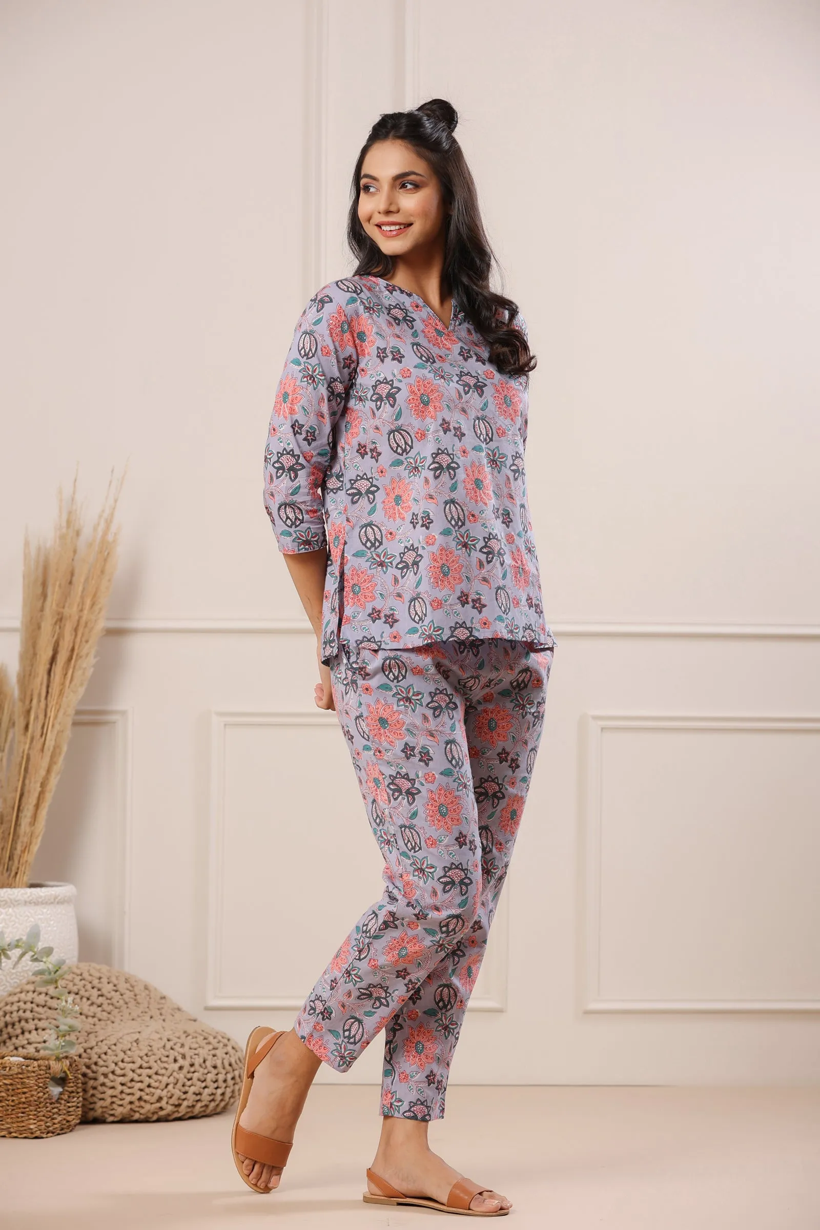 Nidra Bloomingdale Purple Cotton Pyjama Night Suit Set