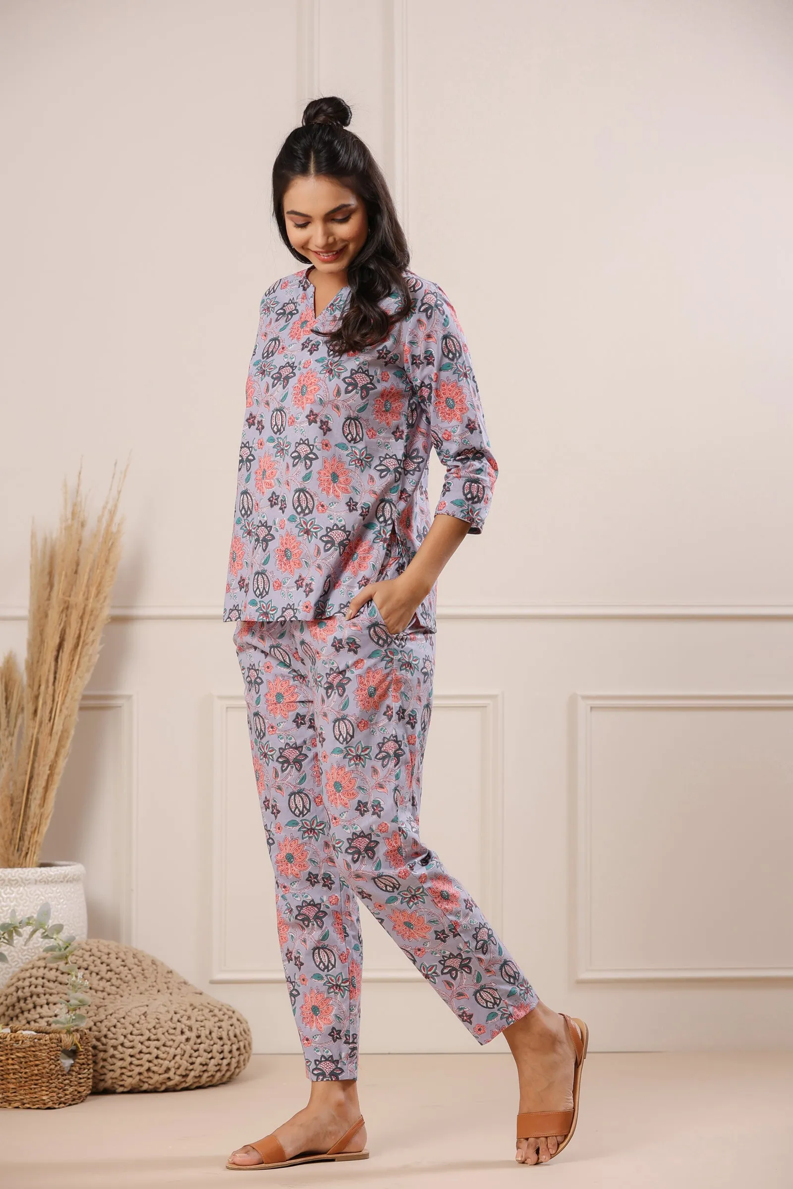 Nidra Bloomingdale Purple Cotton Pyjama Night Suit Set