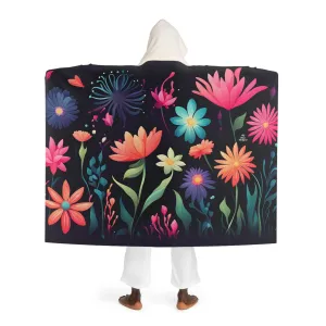 Night Blooming Flowers on Black, Cozy Hooded Sherpa Fleece Blanket