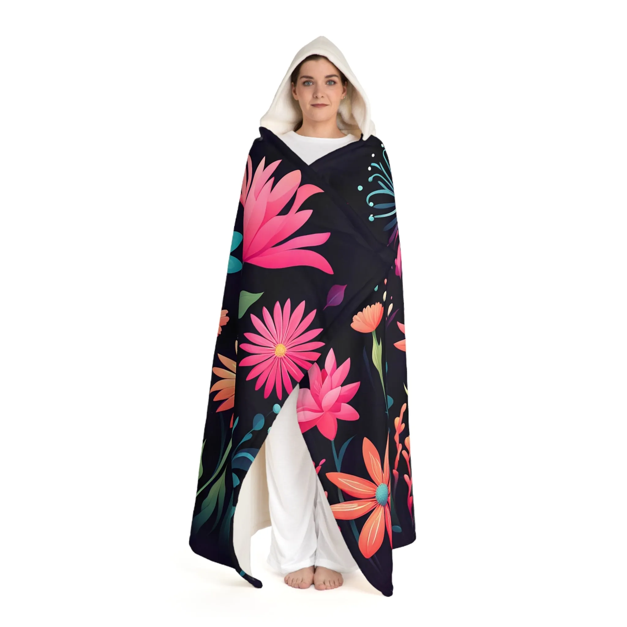 Night Blooming Flowers on Black, Cozy Hooded Sherpa Fleece Blanket