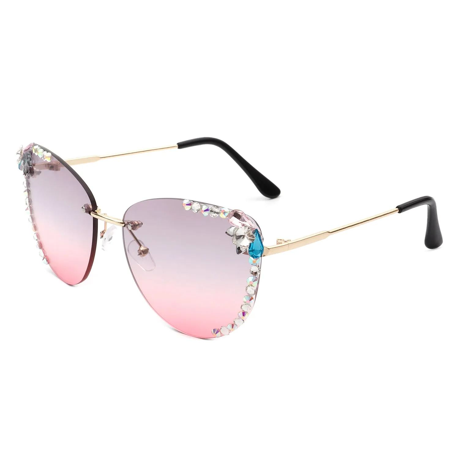 Nightbri - Women Rimless Tinted Chic Rhinestone Fashion Cat Eye Sunglasses