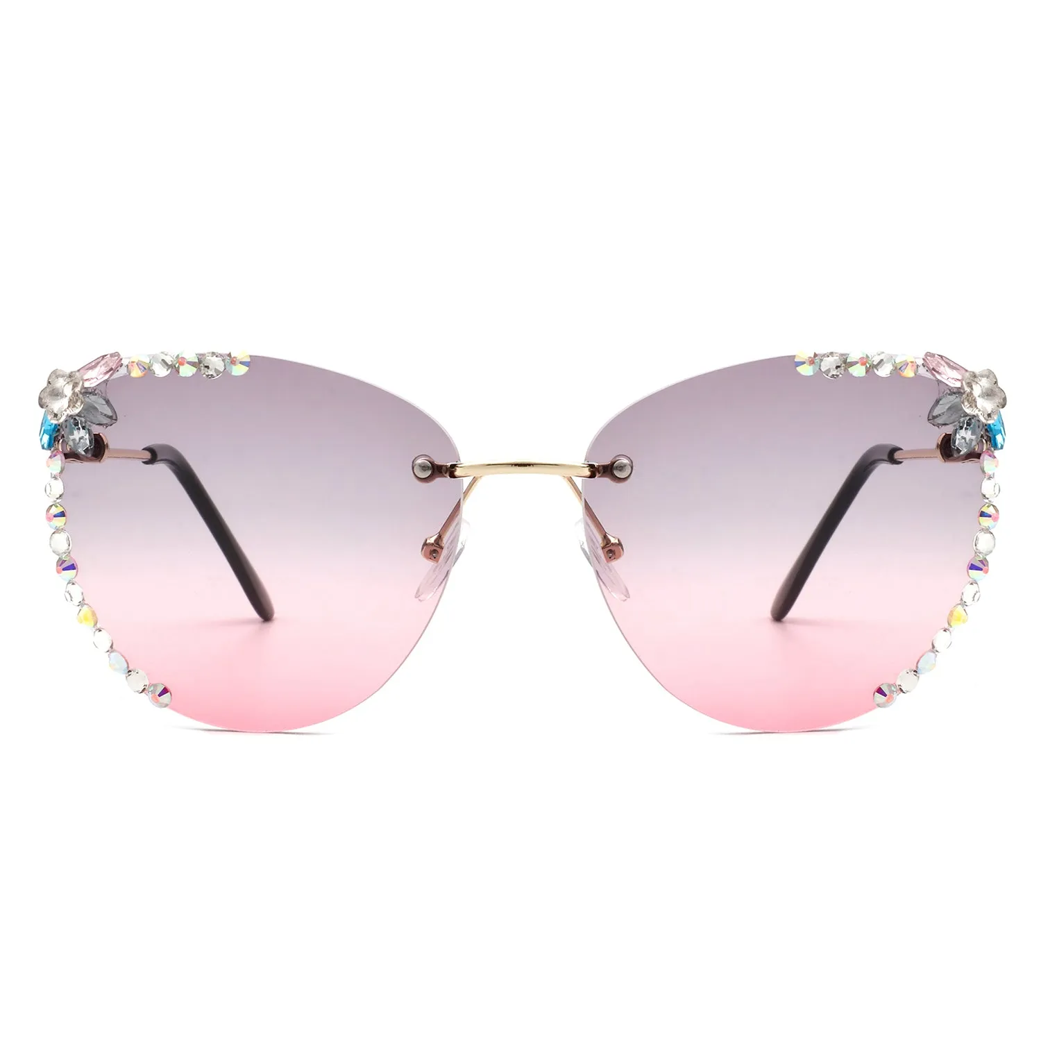 Nightbri - Women Rimless Tinted Chic Rhinestone Fashion Cat Eye Sunglasses