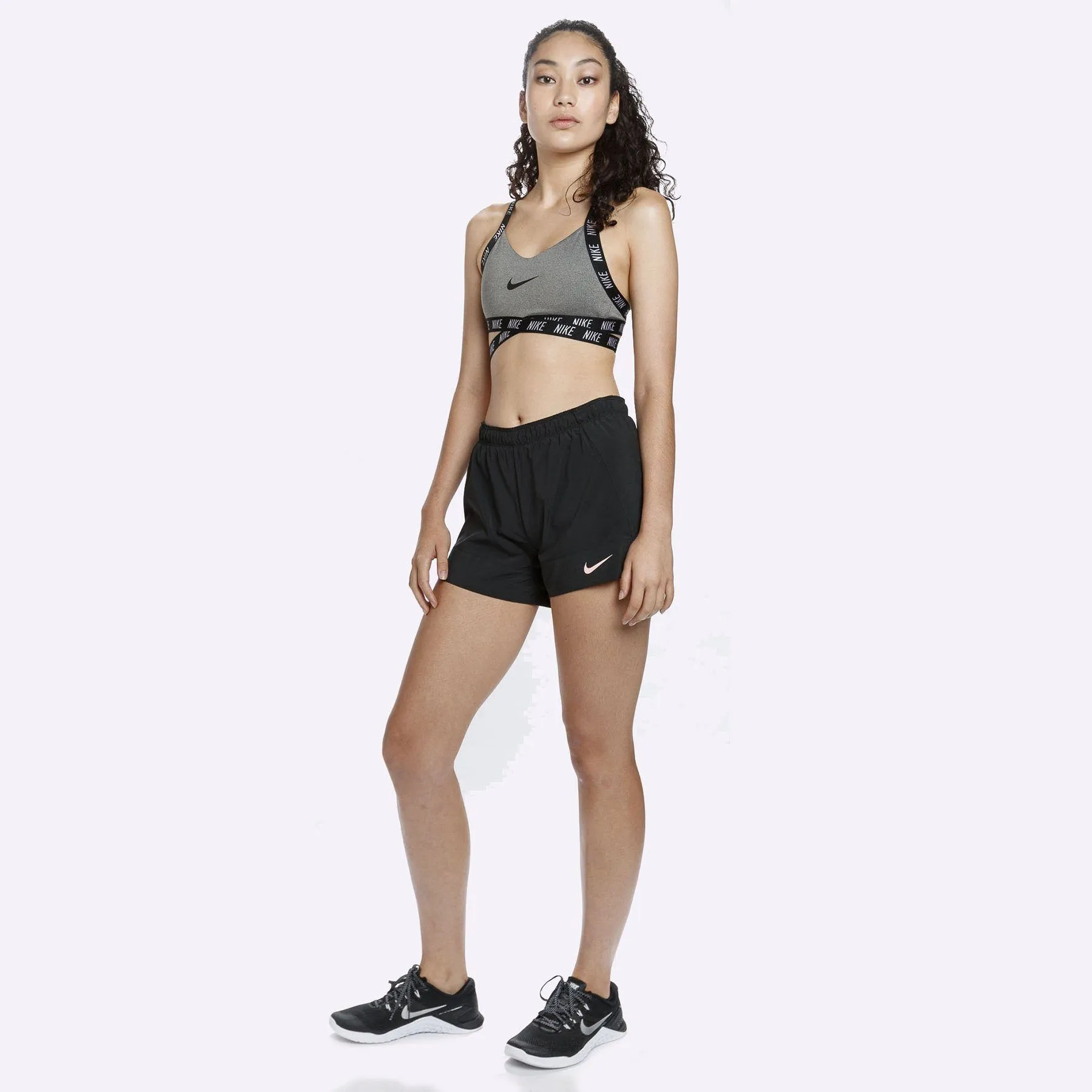 Nike Indy - Women's Light Support Logo Sports Bra - Carbon Heather/Black/White/Black