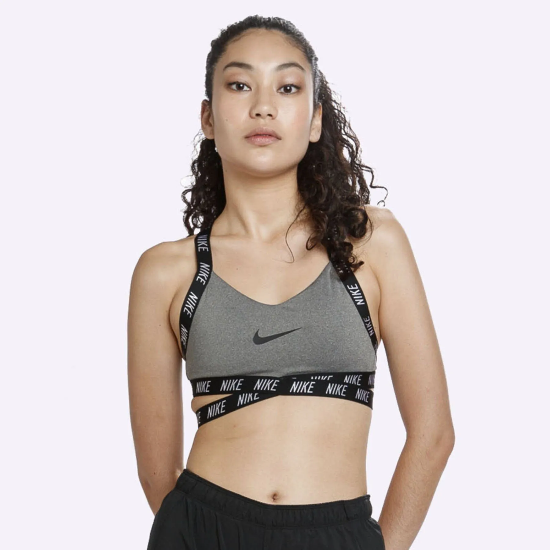 Nike Indy - Women's Light Support Logo Sports Bra - Carbon Heather/Black/White/Black