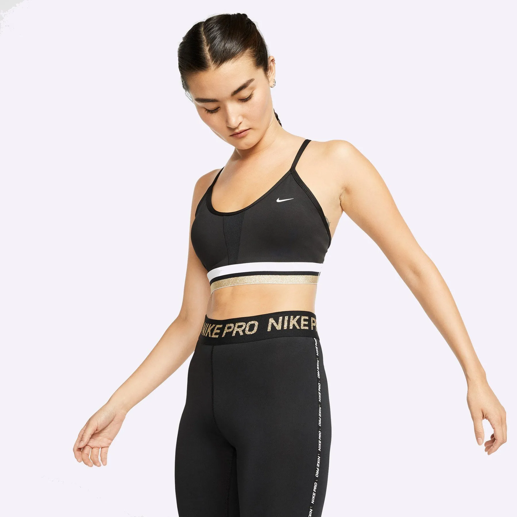 Nike Indy Women's Light-Support Sports Bra - BLACK/WHITE/METALLIC GOLD/WHITE