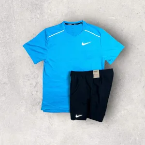 NIKE MILER 1.0 T-SHIRT/SHORT SET - BALTIC BLUE/BLACK