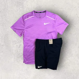 NIKE MILER 1.0 T-SHIRT/SHORT SET - RUSH FUSHSIA/BLACK