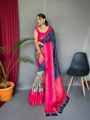 Nile Blue Saree in Bandhej Kalamkari Print