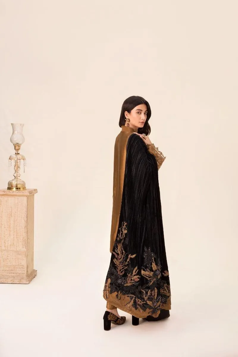 Nilofer Shahid - Bronze Gold Tissue Silk Shirt & Crushed Tissue Pants with Black Pure Crushed Velvet Shawl - 3 Piece