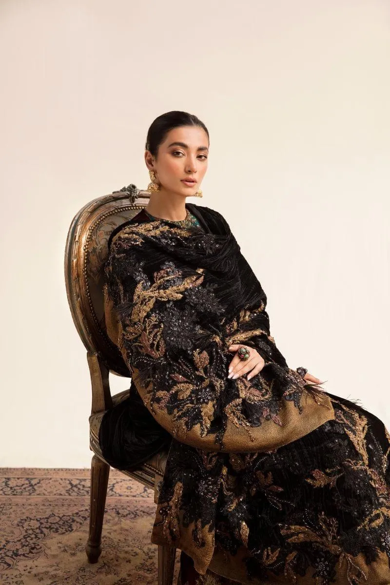 Nilofer Shahid - Bronze Gold Tissue Silk Shirt & Crushed Tissue Pants with Black Pure Crushed Velvet Shawl - 3 Piece