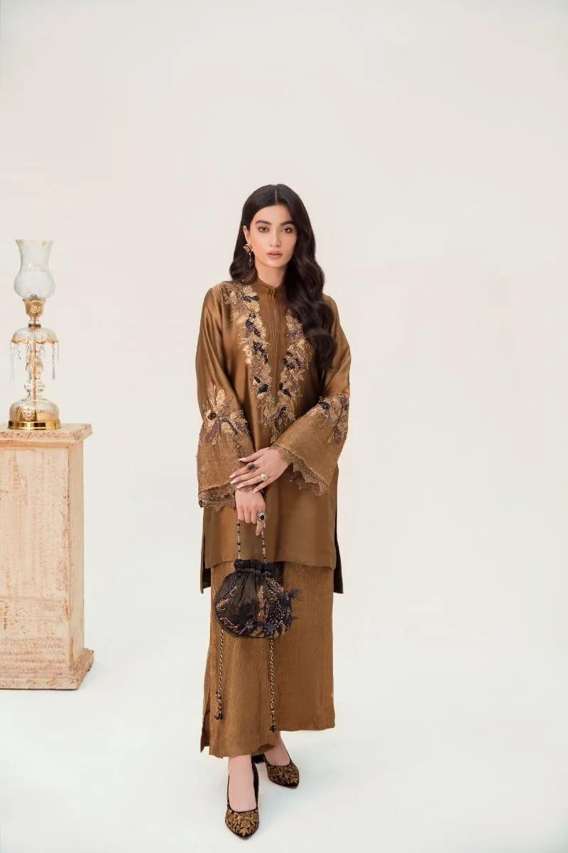 Nilofer Shahid - Bronze Gold Tissue Silk Shirt & Crushed Tissue Pants with Black Pure Crushed Velvet Shawl - 3 Piece