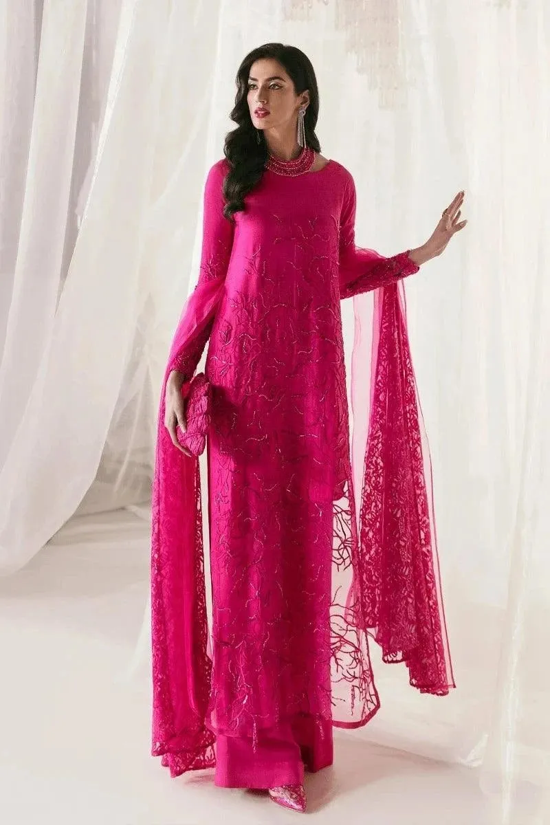 Nilofer Shahid - Korean Raw Silk Fuchsia Embroidered Shirt and Pants with Deep Pink Organza Dupatta - Euphoria - 3 Piece