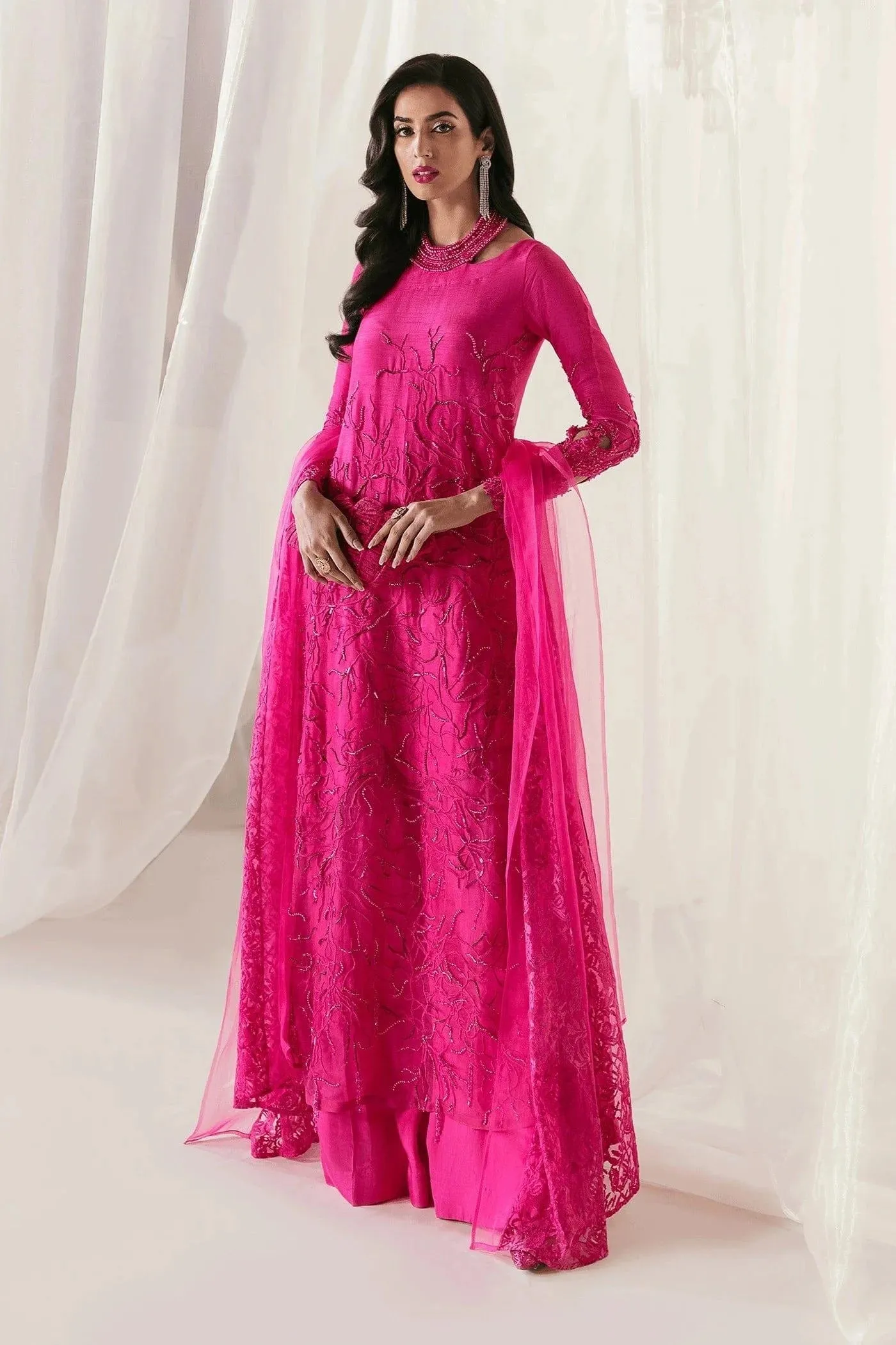 Nilofer Shahid - Korean Raw Silk Fuchsia Embroidered Shirt and Pants with Deep Pink Organza Dupatta - Euphoria - 3 Piece