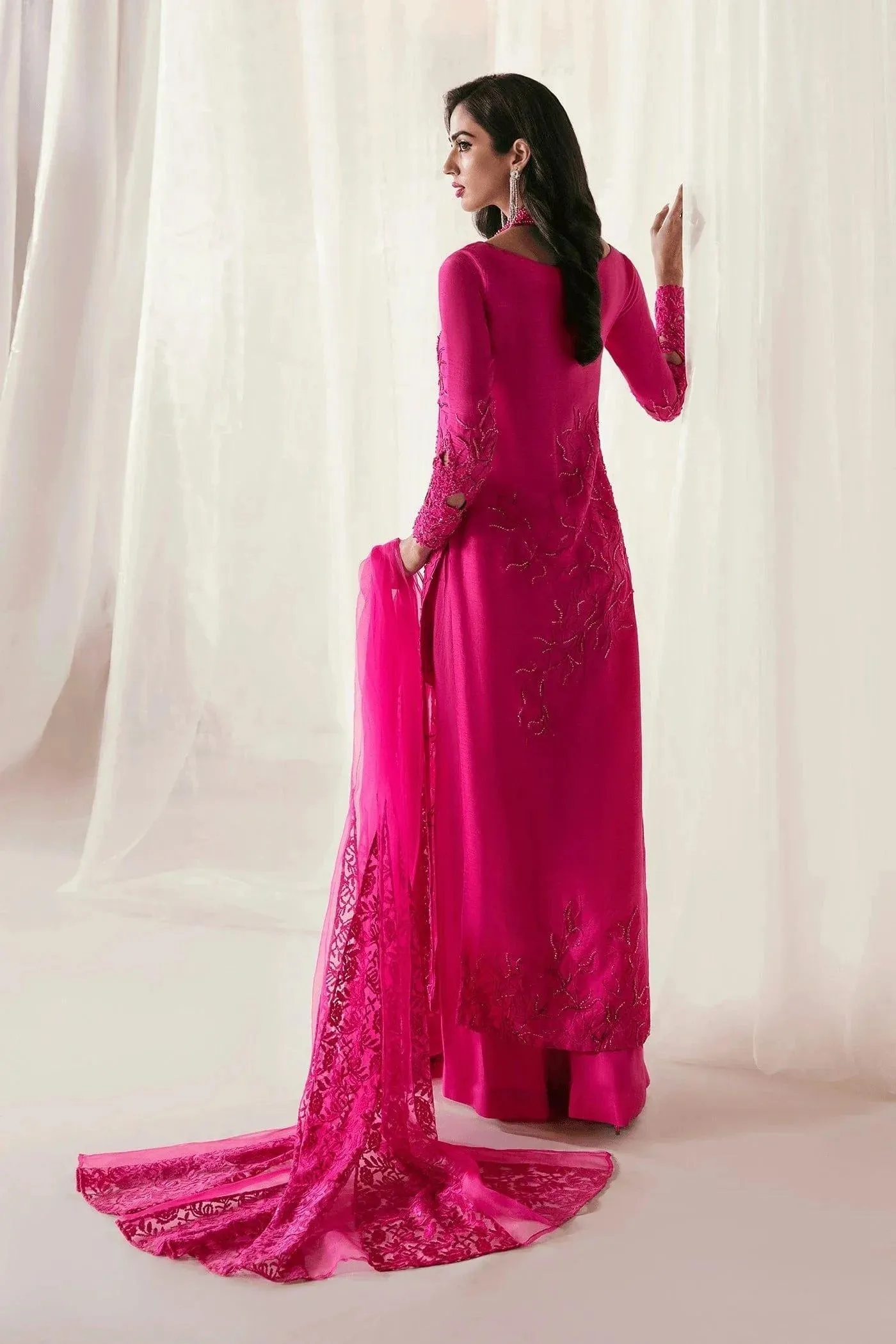 Nilofer Shahid - Korean Raw Silk Fuchsia Embroidered Shirt and Pants with Deep Pink Organza Dupatta - Euphoria - 3 Piece