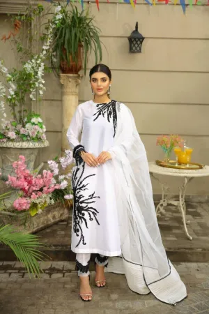 NILOFER SHAHID - Moon Stone - White Canvas - Floral Embroidered - 3 Piece