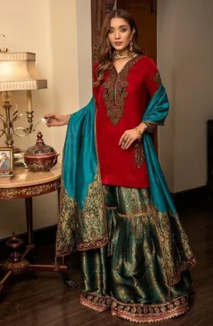 Nilofer Shahid - Teal Vibrance - Pure Velvet Shirt - Gharara - 3 Piece