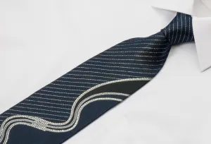 Nina Ricci Black Silk Rhinestone Necktie With Bling Silver Waves With Striped Silver Sparkles