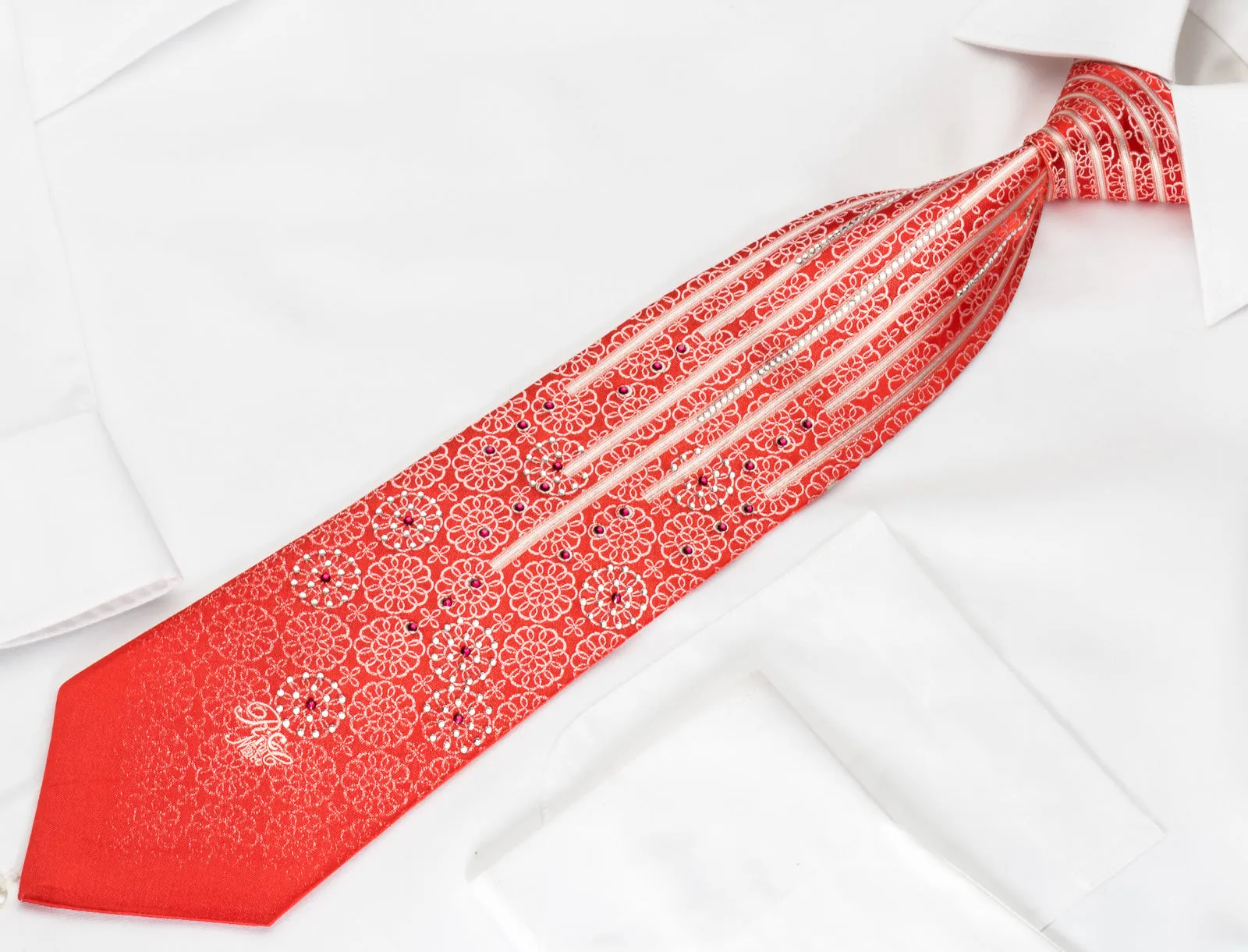 Nina Ricci Bling Silk Tie Medallion Rhinestones On Red